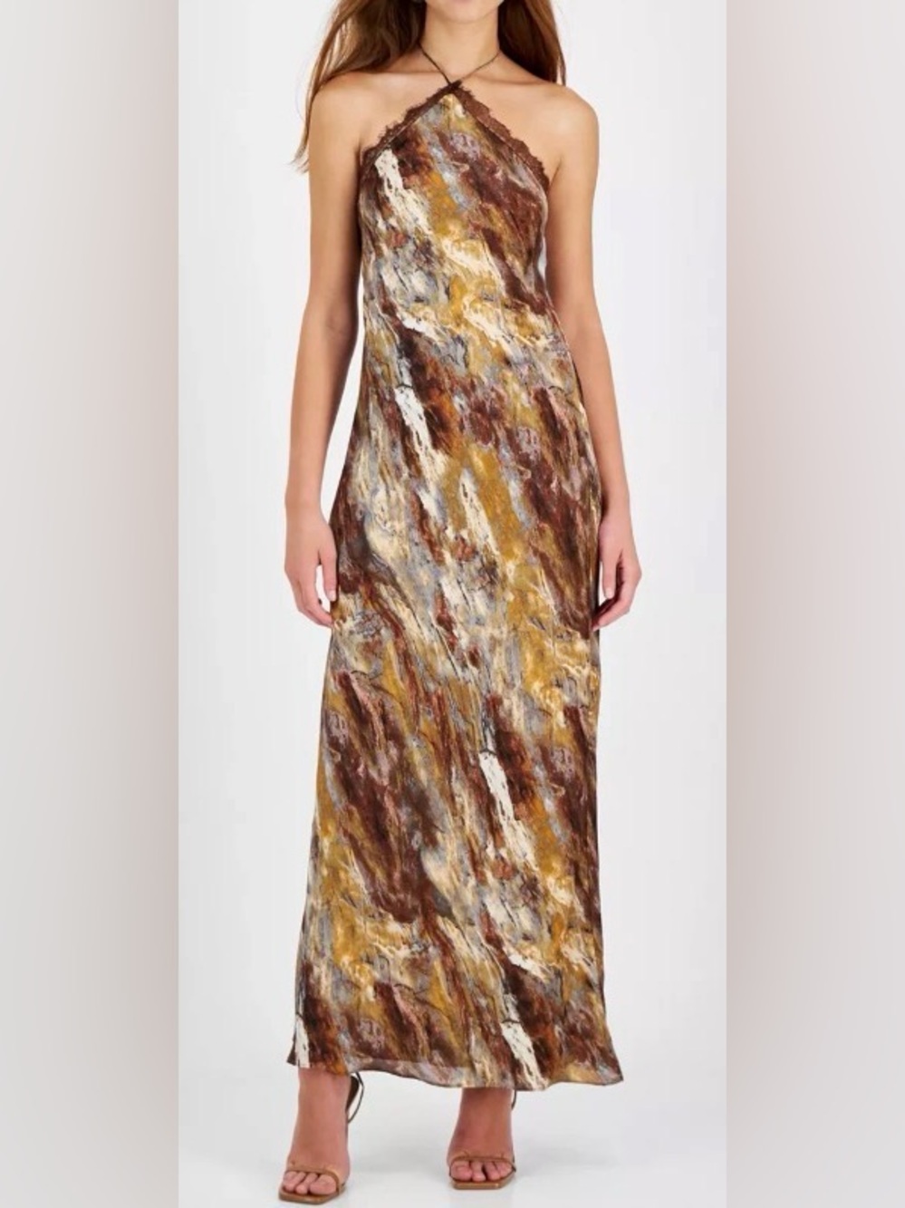 1 State Abstract Marble-Print Halter Maxi Dress in Rust, Brown and Cream: Small